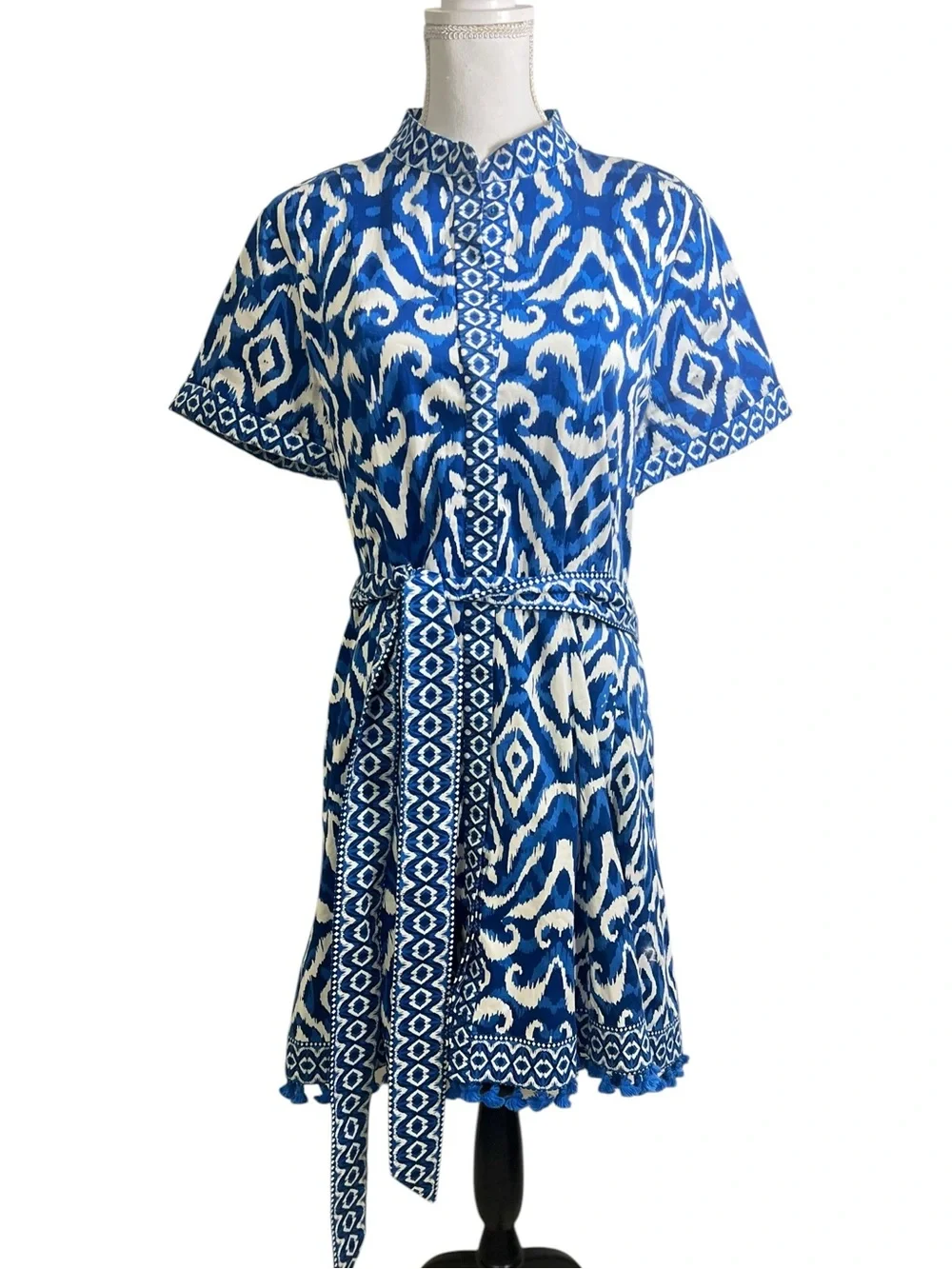 Alice + Olivia Lucy Roll Sleeve Ikat Mini Belted Shirtdress Size 12 - Picture 3 of 10